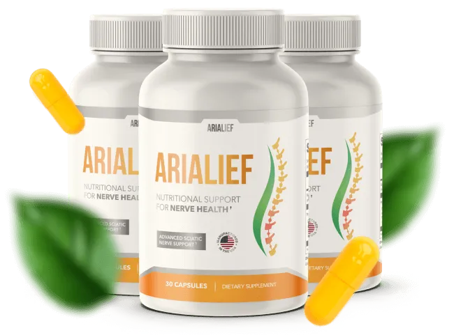 Arialief nerve health supplement - 3 bottles with capsules and natural leaves