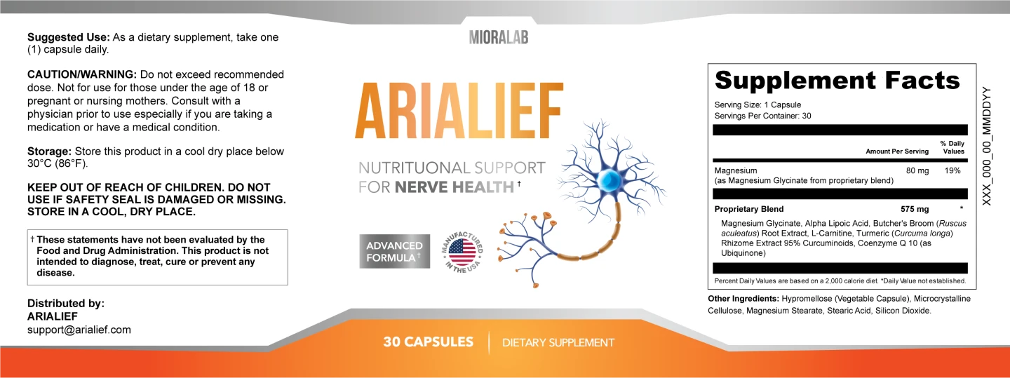 Arialief supplement facts label showing 80mg Magnesium Glycinate, 575mg proprietary blend with Alpha Lipoic Acid, Butcher's Broom, L-Carnitine, Turmeric and Coenzyme Q10